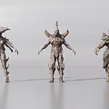 Three Man Shaped Alien Figures With Armored Bodies And Horned Heads