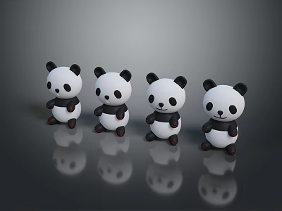 Four Cute Game Movie Character Pandas Standing on Dark Background with Reflections 3d model