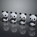 Four Cute Game Movie Character Pandas Standing on Dark Background with Reflections