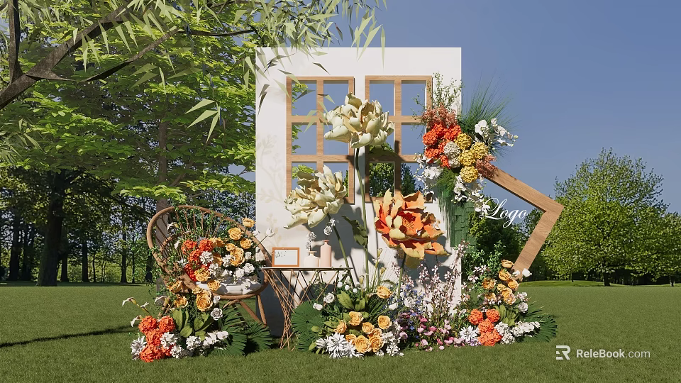 Romantic Outdoor Banquet Hall Decor With Colorful Flowers White Frame And Green Lawn 3d model 