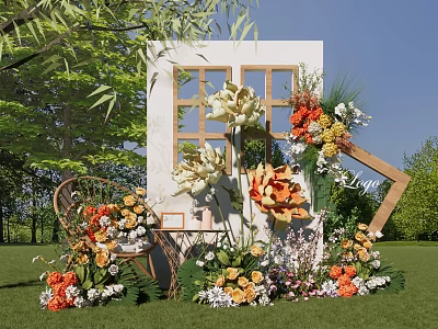 Romantic Outdoor Banquet Hall Decor With Colorful Flowers White Frame And Green Lawn 3d model