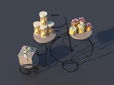 Decorative Ornament Set Featuring Black Iron Multi Tiered Trolley Gold Lidded Jars Ribbon Gift Boxes 3d model