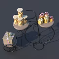 Decorative Ornament Set Featuring Black Iron Multi Tiered Trolley Gold Lidded Jars Ribbon Gift Boxes
