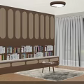 Brown Wooden Bookcase With Rattan Panels Filled With Books And Small Coffee Table Near Window