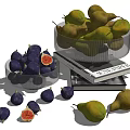 Fresh Figs and Green Pears in Glass Bowls with Scattered Fruits on Books
