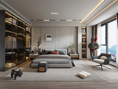 Modern Bedroom Interior Design With Large Bed Glass Wardrobe Accent Chair And Area Rug 3d model