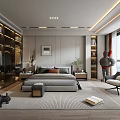 Modern Bedroom Interior Design With Large Bed Glass Wardrobe Accent Chair And Area Rug