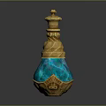 Blue Iridescent Decorative Bottle With Intricate Golden Accents And Ornate Top