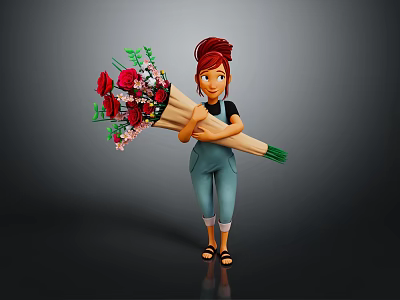 Red Haired Cartoon Character In Black Top Blue Overalls Holding Large Bouquet Of Red Roses 3d model