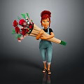 Red Haired Cartoon Character In Black Top Blue Overalls Holding Large Bouquet Of Red Roses