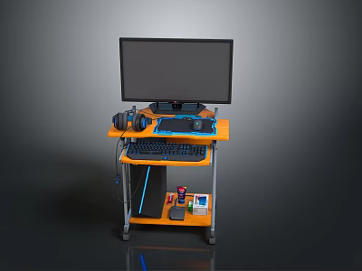 Orange Computer Desk Setup With Monitor Keyboard Mouse Headphones And Lower Shelf Accessories 3d model