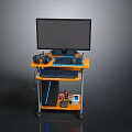Orange Computer Desk Setup With Monitor Keyboard Mouse Headphones And Lower Shelf Accessories