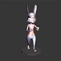 3D Rabbit Character In Blue Red Outfit With Hat Holding Golden Object On Gray Base