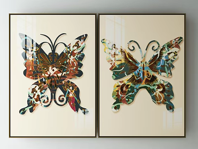 Colorful Butterfly Wall Art With Intricate Patterns Framed On Beige Wall 3d model