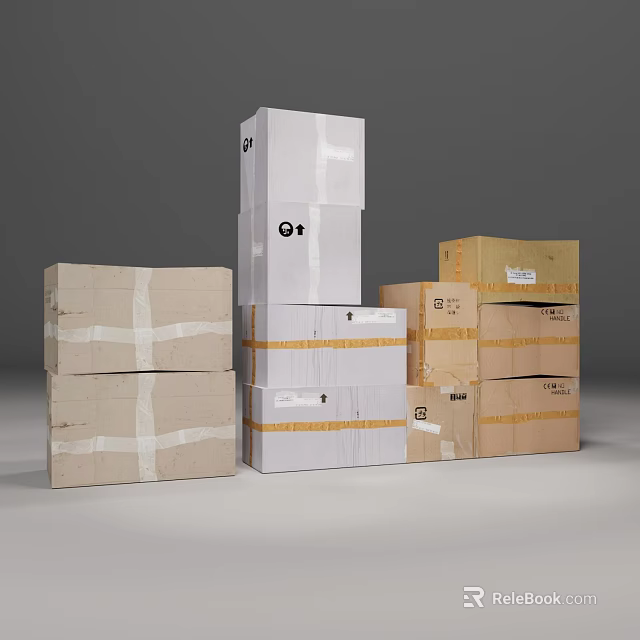 Stacked White and Brown Cardboard Boxes with Packing Tape for Storage and Shipping 3d model 