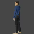 Child Standing In Blue Jacket Yellow T-shirt Black Pants And Gray Shoes