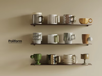 Poliform Decorative Mugs on Wall Mounted Shelves with Various Patterns and Colors 3d model