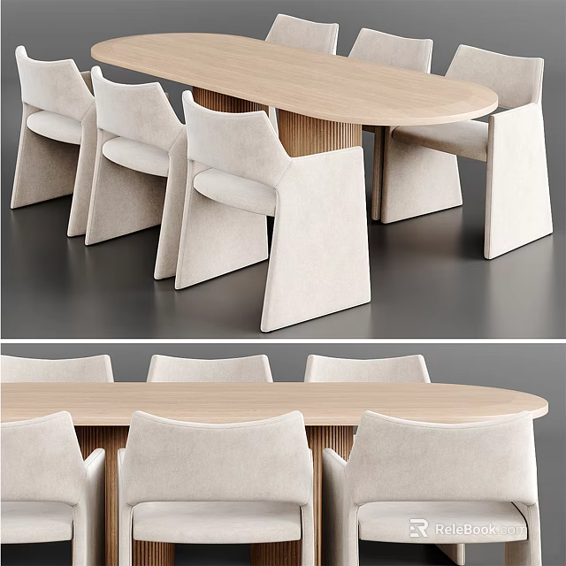 Modern Light Wooden Dining Table Set With Six Upholstered Beige Chairs 3d model 