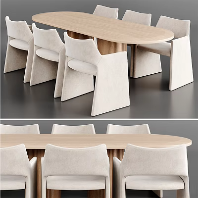 Modern Light Wooden Dining Table Set With Six Upholstered Beige Chairs 3d model