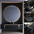 Modern Bathroom Vanity Cabinet with Round Mirror Black Basin and Gold Striped Design