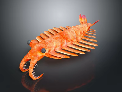 Orange Elongated Prehistoric Creature with Multiple Appendages Large Eyes and Sharp Teeth 3d model