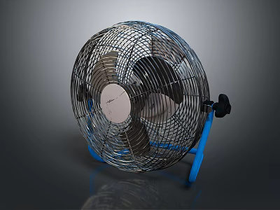 Electric Cooling Fan with Metal Mesh Cover Blue Base and Black Control Knob 3d model