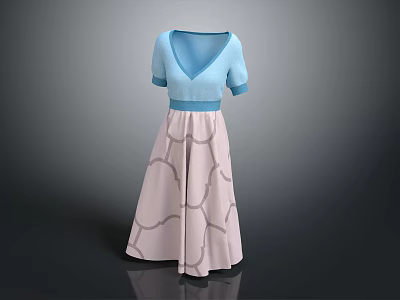 Women's Blue Short Sleeve V Neck Dress With Light Pink Geometric Pattern Skirt 3d model