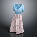 Women's Blue Short Sleeve V Neck Dress With Light Pink Geometric Pattern Skirt