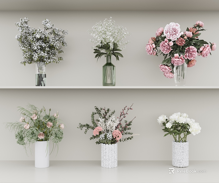 Beautiful Flower Vases With Pink White Blooms And Green Foliage On Shelves 3d model 