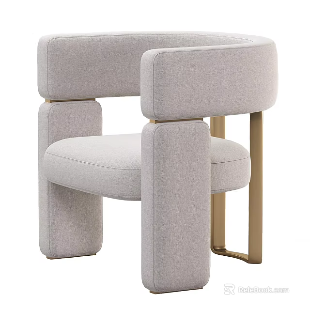 Modern Single Sofa Upholstered In Light Gray Fabric With Curved Armrest And Gold Metal Legs 3d model 
