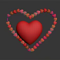 Small Red Hearts Form Large Outline Around Red Heart Balloon on Dark Background with Reflection