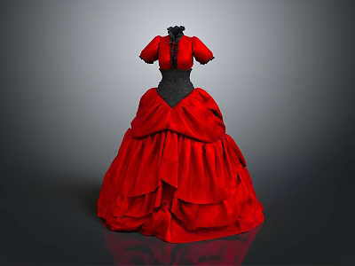Red Formal Gown With Black Lace Bodice Short Sleeves And Layered Ruffled Skirt 3d model