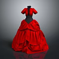 Red Formal Gown With Black Lace Bodice Short Sleeves And Layered Ruffled Skirt