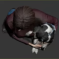 Woman Holding Small Dog in Maroon Top Blue Jeans and Brown Shoes Against Gray Background