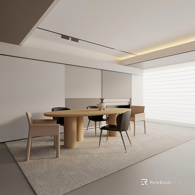 Modern Dining Table Set with Wooden Table Light Colored Chairs Minimalist Interior Natural Light Window 3d model