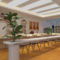 Modern Cozy Lounge Area With Green Plants Long Tables Chairs Bookshelves And Wall Guitars
