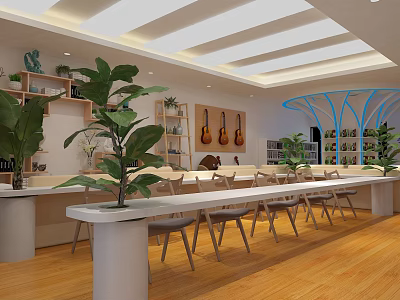 Modern Cozy Lounge Area With Green Plants Long Tables Chairs Bookshelves And Wall Guitars 3d model
