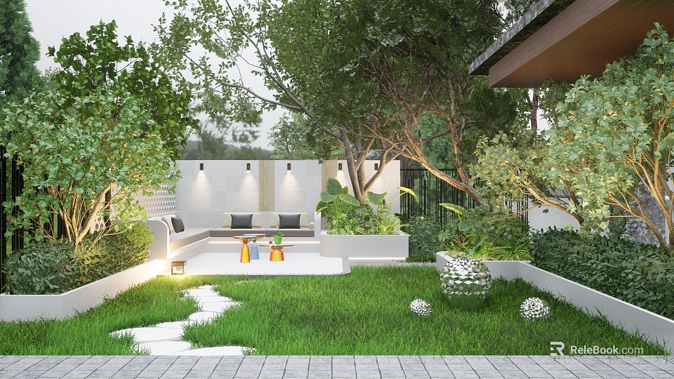 Beautiful Courtyard Garden With Green Lawn Stone Path Sofa Seating Lighting White Walls And Trees 3d model 