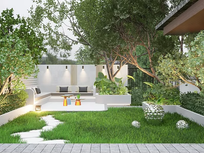 Beautiful Courtyard Garden With Green Lawn Stone Path Sofa Seating Lighting White Walls And Trees 3d model