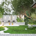 Beautiful Courtyard Garden With Green Lawn Stone Path Sofa Seating Lighting White Walls And Trees