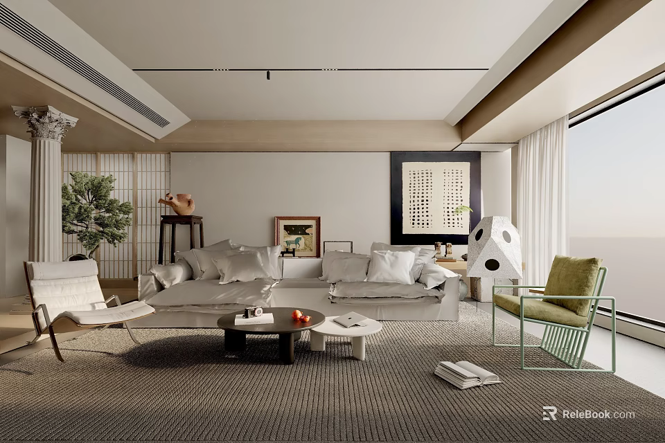 Modern Living Room Interior Design With Sofa Green Chair Coffee Table Rug And Decorative Painting 3d model 