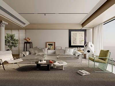 Modern Living Room Interior Design With Sofa Green Chair Coffee Table Rug And Decorative Painting 3d model