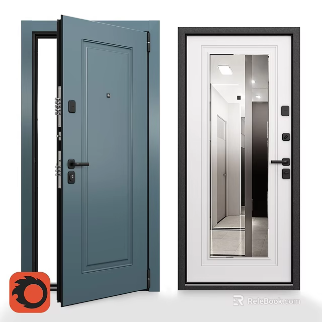 Modern Hinged Doors In Blue Solid Panel And White Glass Design For Interior Use 3d model 