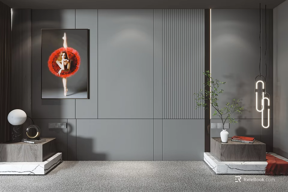 Modern Bed Background Wall Design With Gray Paneling Artwork And Ambient Lighting 3d model 