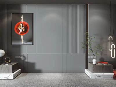 Modern Bed Background Wall Design With Gray Paneling Artwork And Ambient Lighting 3d model