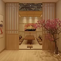 Japanese Style Tatami Room Interior With Wooden Table Decorative Paintings And Pink Flower Tree