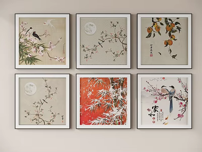 Oriental Abstract Paintings With Birds Flowers Moon Bamboo And Fruits In White Frames On Wall 3d model