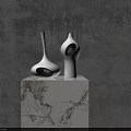 Modern White Decorative Ornament Set with Black Hollow Design on Marble Pedestal and Gray Background