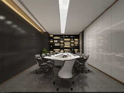 Modern Conference Room Interior With Large Table Bookshelves And Ergonomic Chairs 3d model