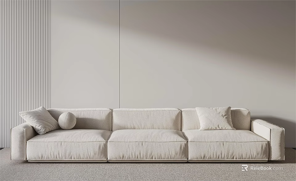 Upholstered Light Colored Three Seater Sofa With Cushions And Minimalist Wall 3d model 